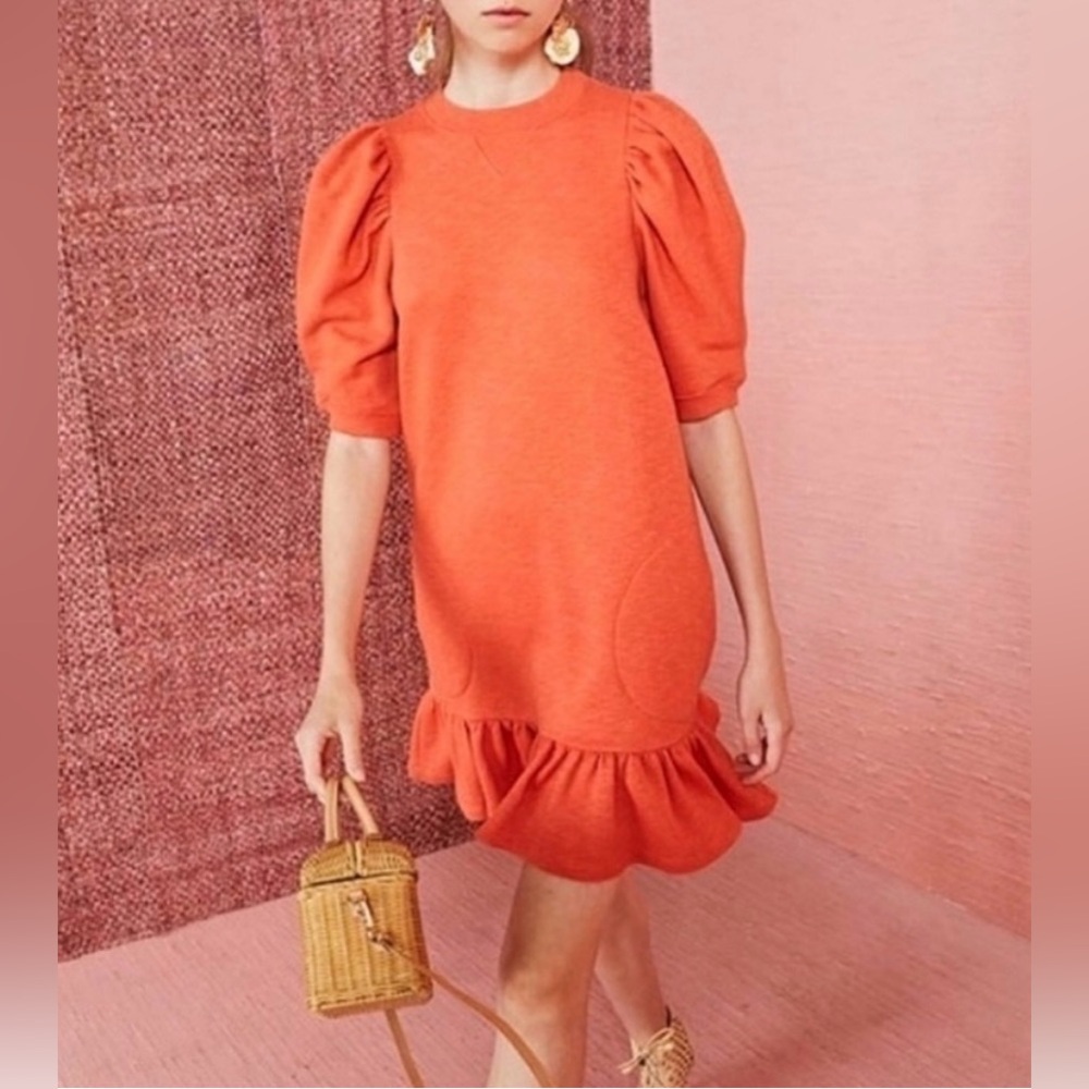 Ulla Johnson Coral Orange Puff-Sleeve Ruffle Dress